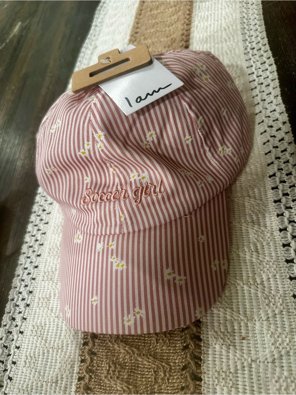 NWT ‘Soccer Girl' Pink Striped Baseball Cap With Daisies OSFM